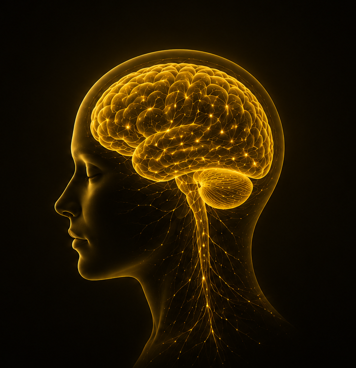 A glowing profile of a human head and brain